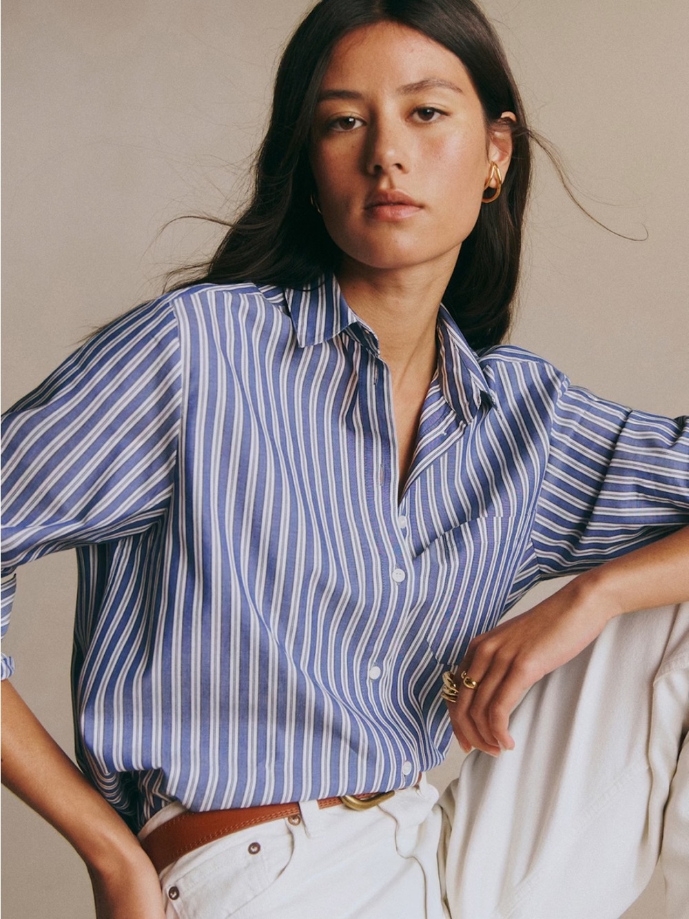 EUC Sézane Max Shirt in Blue Stripes, US 2 / FR 34